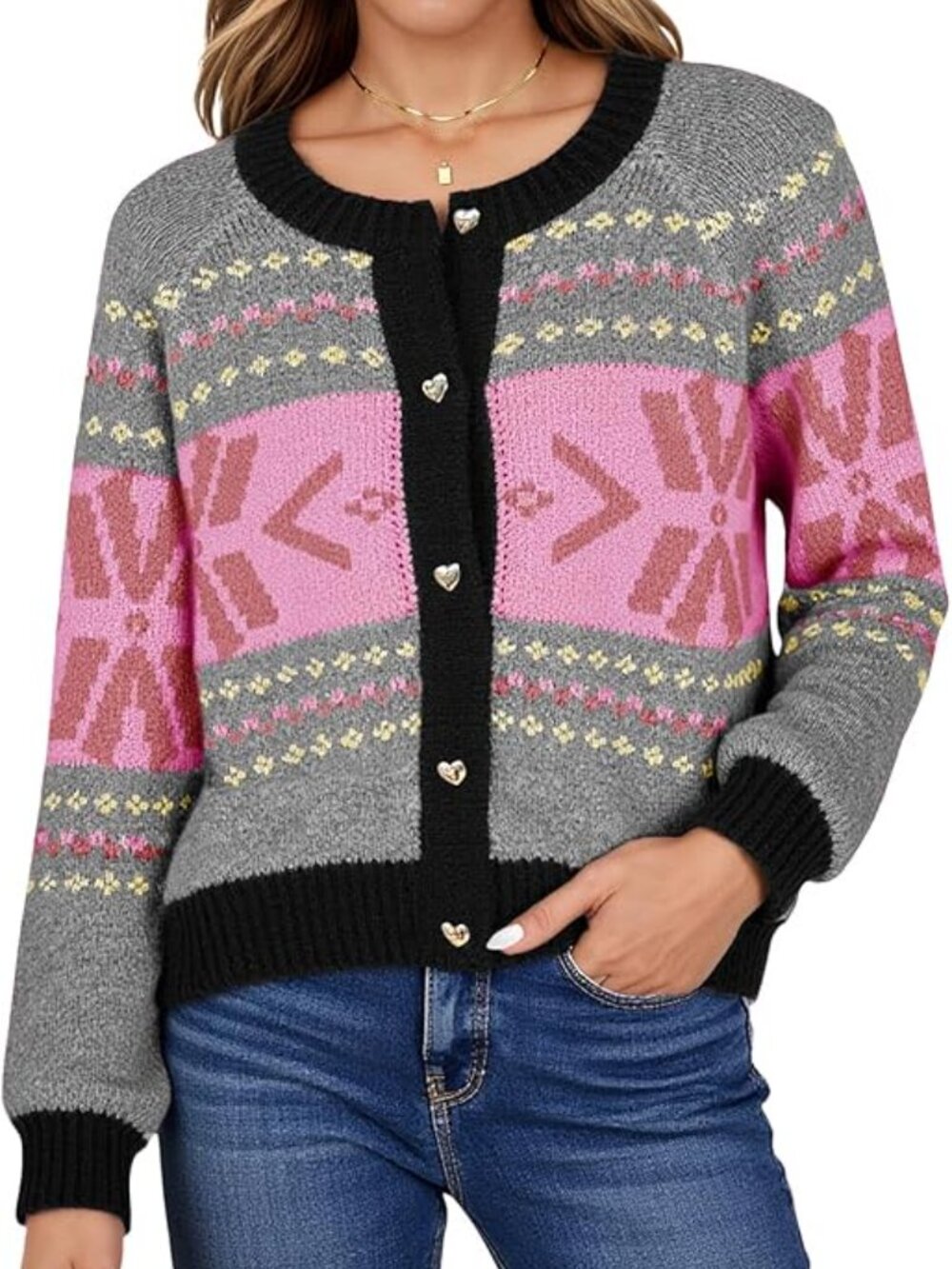 NEW Saodimallsu Women's Button Up Cardigan Fair Isle Sweater Pink Small